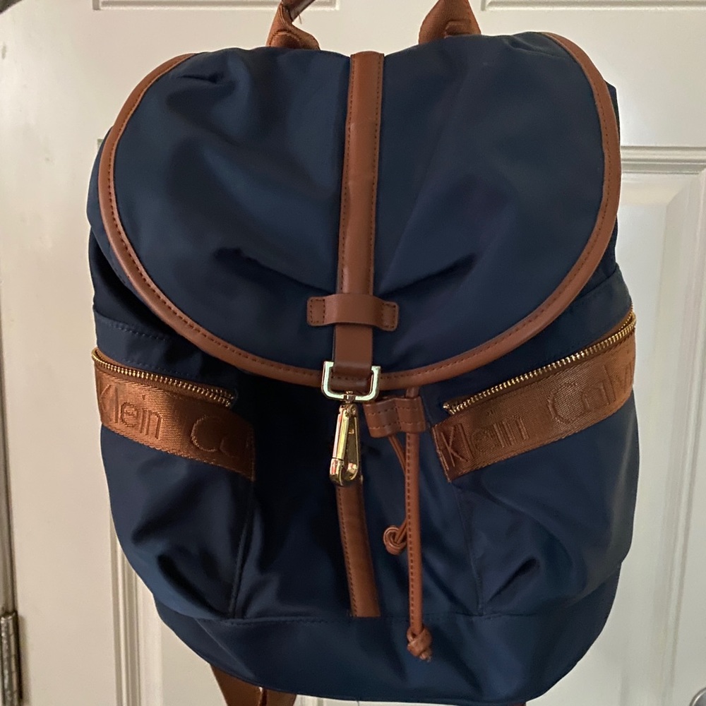 Calvin Klein Nylon Vegan Faux Leather Fabric Backpack Logo Blue Brown Tan